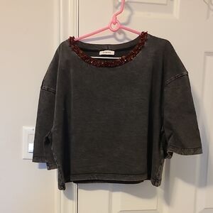 Sandro Gray Top with Red Embellishments